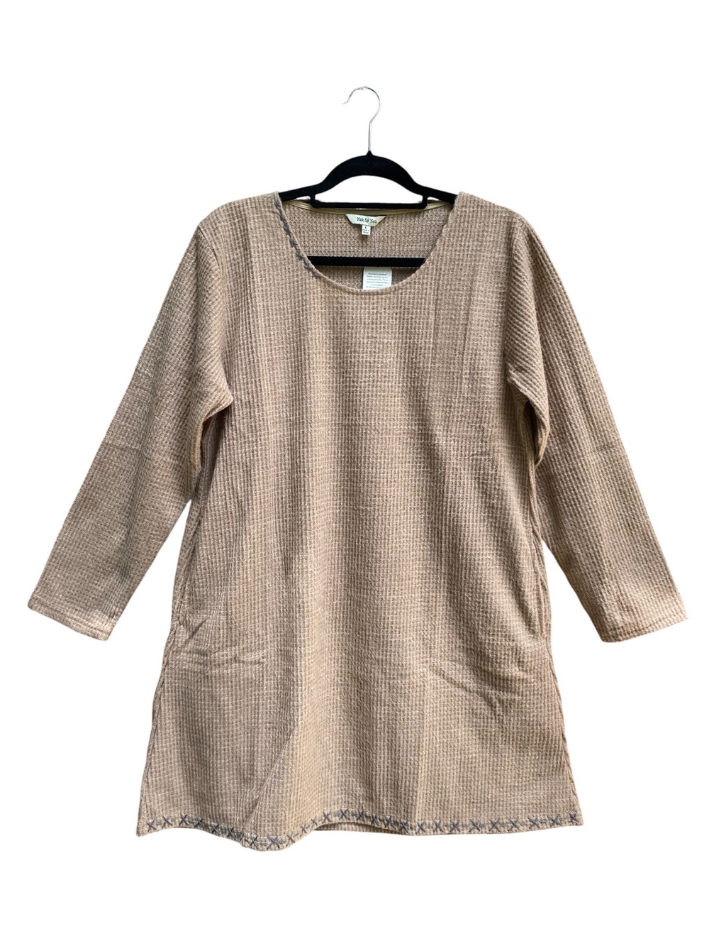 NWT Yak and Yeti Waffle Knit Tunic Dress Beige Boho Embroidered Hem Size Large